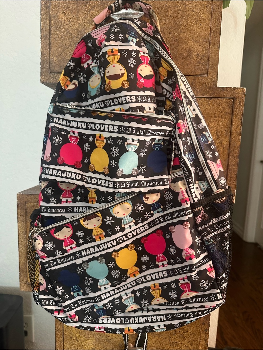 Harajuku Lovers Black Backpack with Multicolor Character zipper pockets